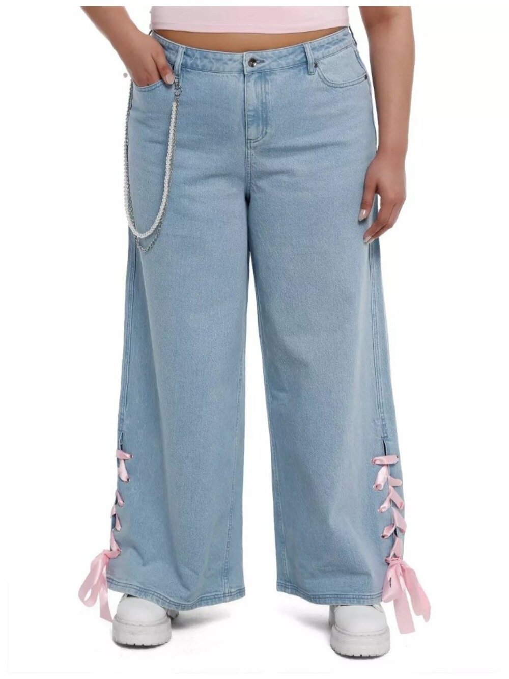 New NWT Hot Topic Sweet Society Pink Ribbon Heart Wide Leg Jeans Plus Size 22
